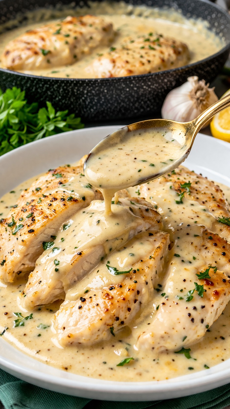 Pechuga de Pollo con Salsa de Queso y Patatas Asadas