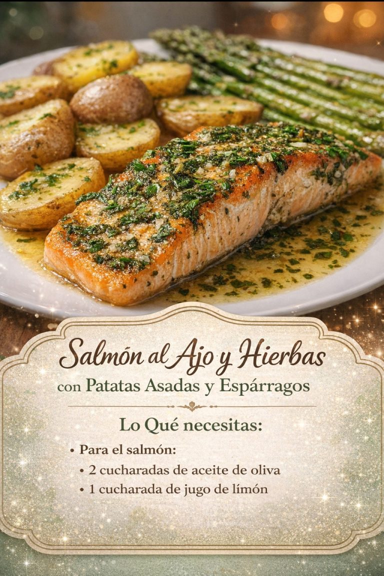 Salmón al ajo fácil con patatas asadas y espárragos deliciosos