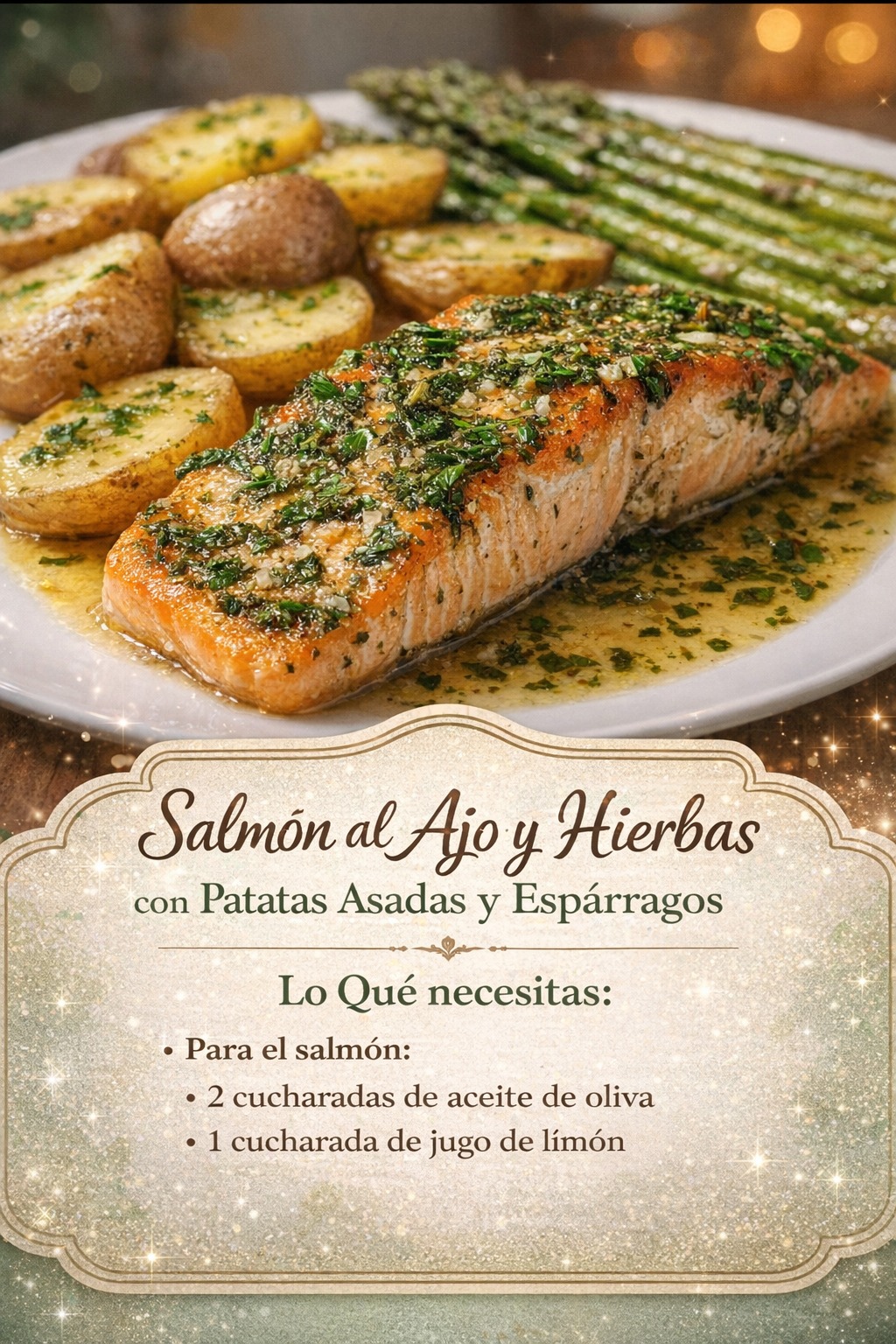 Salmón al ajo fácil con patatas asadas y espárragos deliciosos