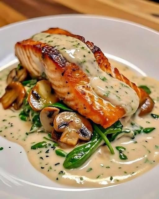 Salmón a la mantequilla de ajo con espinacas y champiñones en salsa cremosa