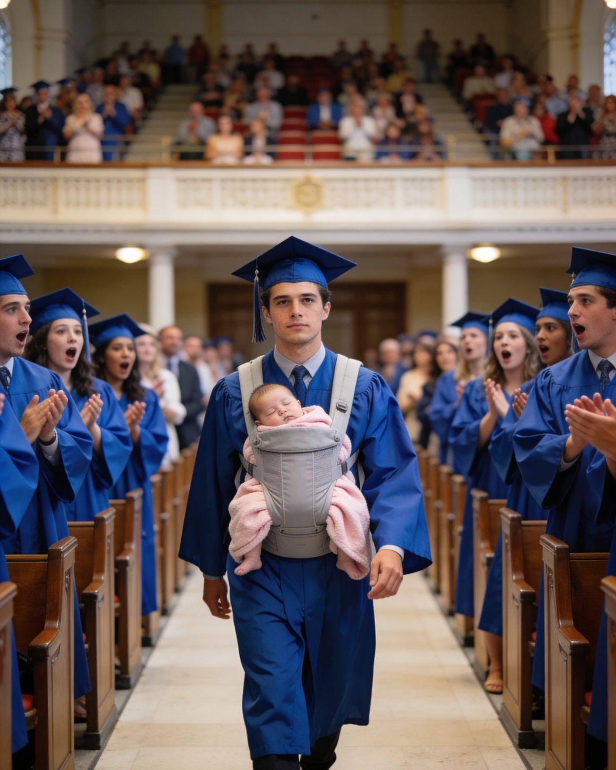 Se rieron cuando mi hijo cruzó el escenario de su graduación sosteniendo a un recién nacido. Una mujer susurró: “Igual que su madre”… Pero lo que dijo después dejó a toda la sala en silencio.
