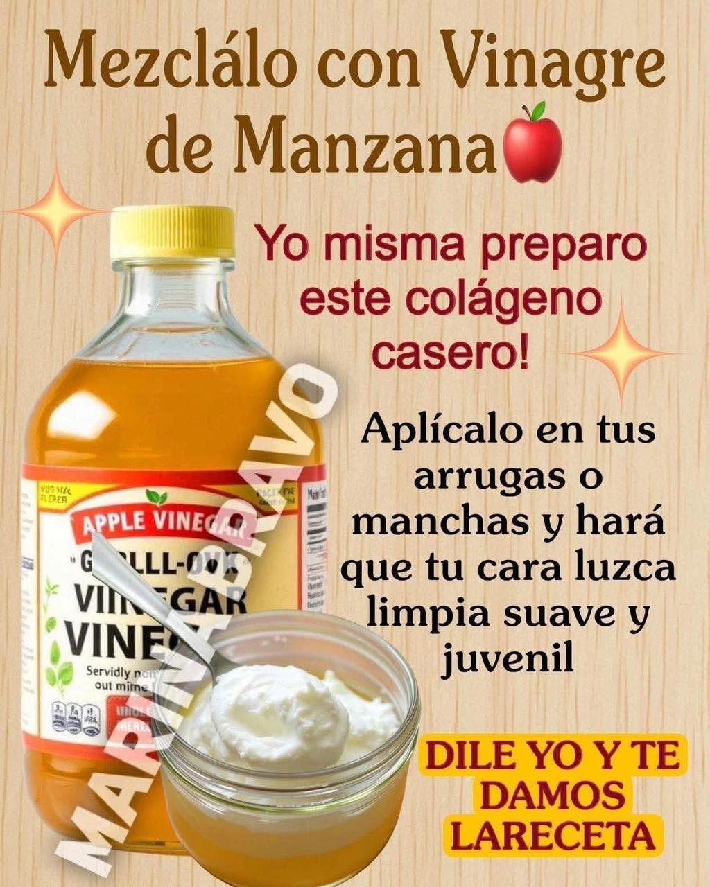 El término “colágeno casero” se utiliza popularmente para describir bebidas o mezclas naturales que ayudan a estimular la producción de colágeno en la piel, articulaciones y tejidos. Una preparación muy difundida mezcla vinagre de manzana con ingredientes ricos en vitamina C y minerales que apoyan la salud de la piel.  VER INFORMACION COMPLETA  Aunque esta preparación no contiene colágeno real (ya que el colágeno solo proviene de tejidos animales), sí aporta nutrientes que pueden mejorar la apariencia de la piel y apoyar la elasticidad desde adentro.  Aquí te explico cómo funciona, cómo prepararlo y qué puedes esperar. 🌿 ¿Por qué se usa vinagre de manzana?  El vinagre de manzana aporta:      Ácidos naturales que mejoran la digestión y absorción de nutrientes.      Minerales y antioxidantes que pueden apoyar el metabolismo celular.      Un ligero efecto depurativo que ayuda a equilibrar el organismo.  Cuando se combina con ingredientes que aportan vitamina C, favorece un entorno adecuado para que el cuerpo produzca su propio colágeno. 🍋🥤 Receta del “colágeno casero” con vinagre de manzana Ingredientes      1 cucharada de vinagre de manzana orgánico      El jugo de ½ limón (rico en vitamina C)      1 cucharadita de miel (opcional)      1 vaso de agua tibia (250 ml)  Preparación      Calienta un poco el agua (no debe estar muy caliente).      Añade el limón y mezcla.      Incorpora el vinagre de manzana y la miel.      Revuelve y bebe inmediatamente.  🌟 Beneficios potenciales ✔ 1. Estimula la producción natural de colágeno  El limón aporta vitamina C, esencial para que el cuerpo fabrique colágeno. ✔ 2. Mejora la digestión  El vinagre de manzana ayuda a procesar mejor los alimentos, favoreciendo la absorción de nutrientes importantes para la piel. ✔ 3. Apoya la salud de la piel