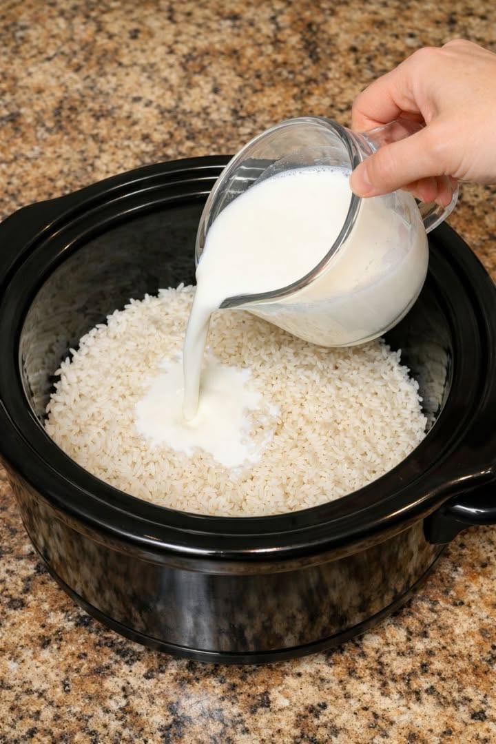 Vierta la leche entera sobre el arroz blanco crudo, junto con 3 ingredientes adicionales, en una olla de cocción lenta para un tratamiento nostálgico que desaparece más rápido que cualquier otra cosa