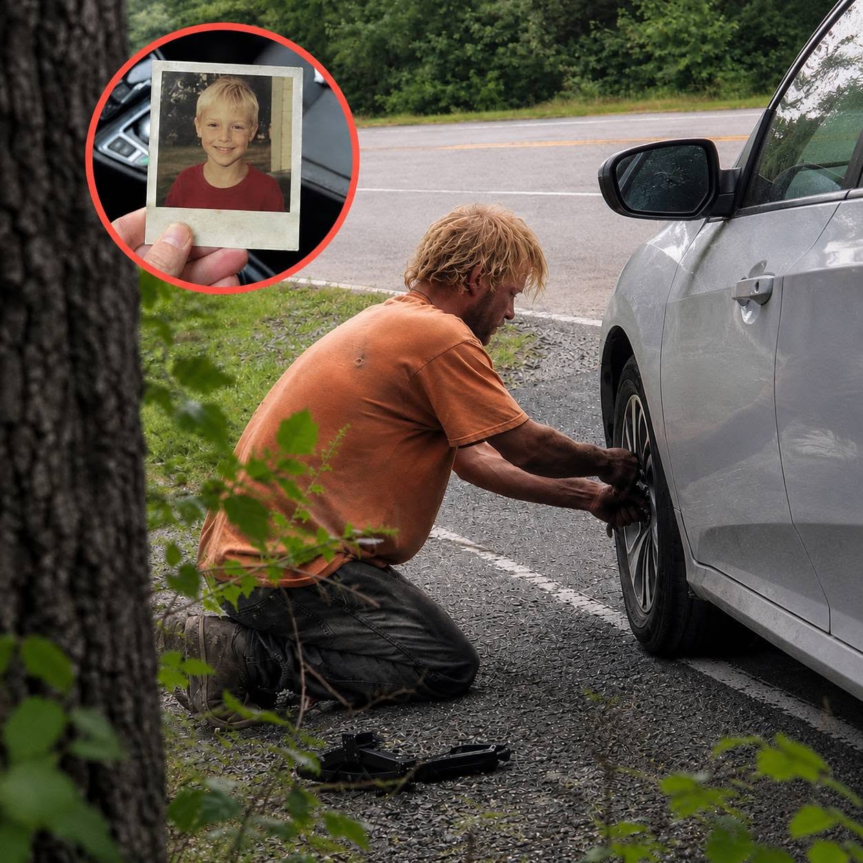 Un hombre sin hogar me ayudó con una rueda pinchada… y lo que dejó en mi auto me hizo revivir una historia de hace 20 años.