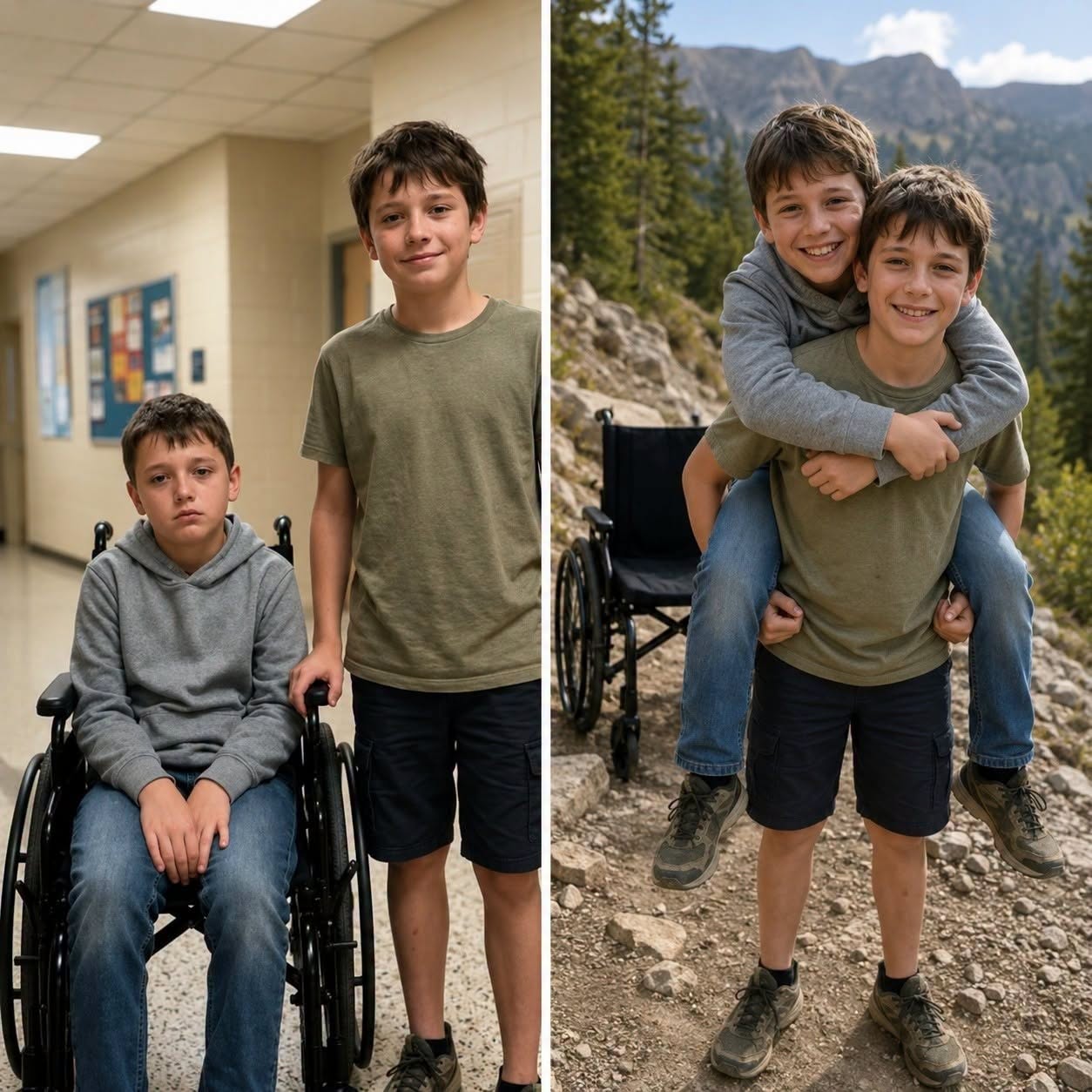 Mi hijo de 12 años cargó a su amigo en silla de ruedas en su espalda durante un viaje de campamento, en el momento en que vi su cara, me puse pálido…