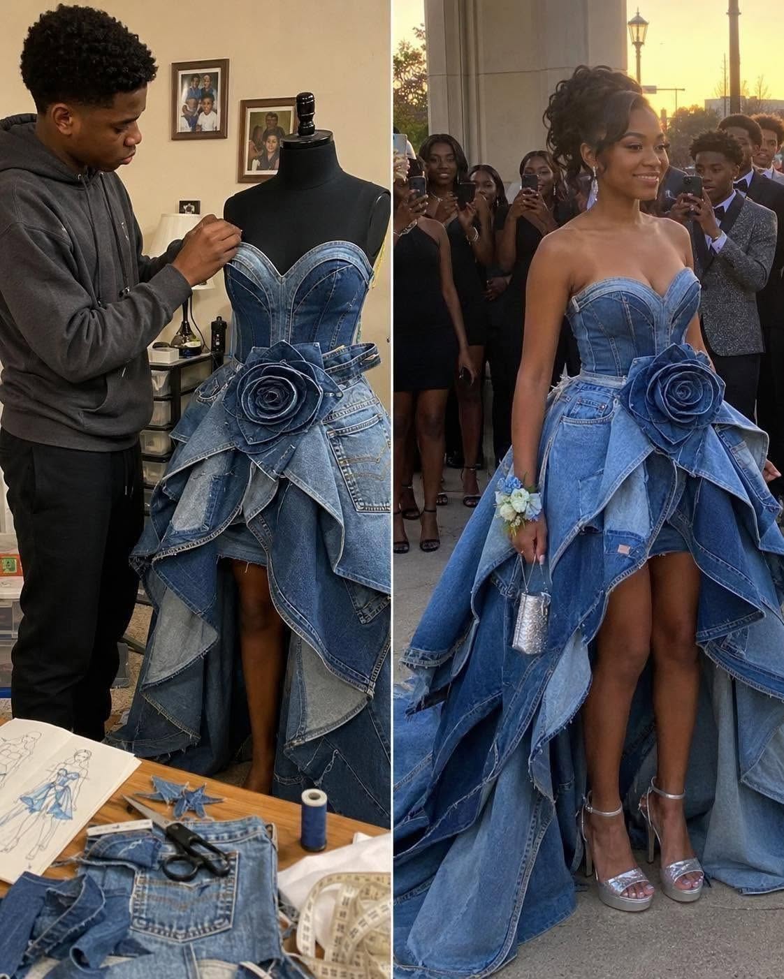 Mi madrastra se rió del vestido de fiesta que mi hermano cosió de los jeans de nuestra difunta madre: al final de la noche, toda la escuela sabía la verdad