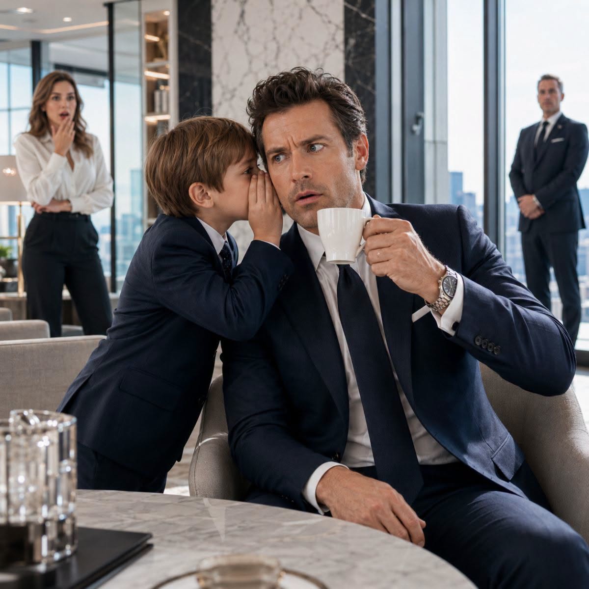 El empresario levantó la taza de café hacia sus labios… hasta que un niño susurró 4 palabras que le salvaron la vida.