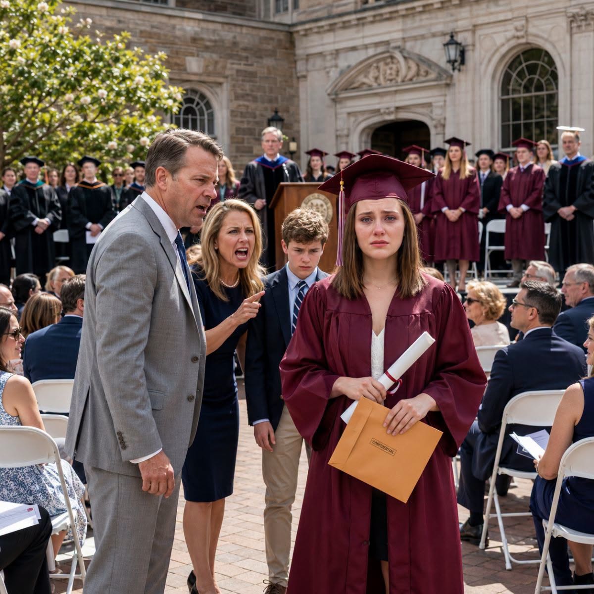 En mi graduación, mi padre me abofeteó tan fuerte que mi birrete cayó al suelo. Mi madre gritó: “¡Solo eres una fracasada con toga!”. Todos esperaban que me derrumbara, pero recogí mi diploma, pedí el micrófono y revelé la verdad que mi familia había escondido durante 4 años.