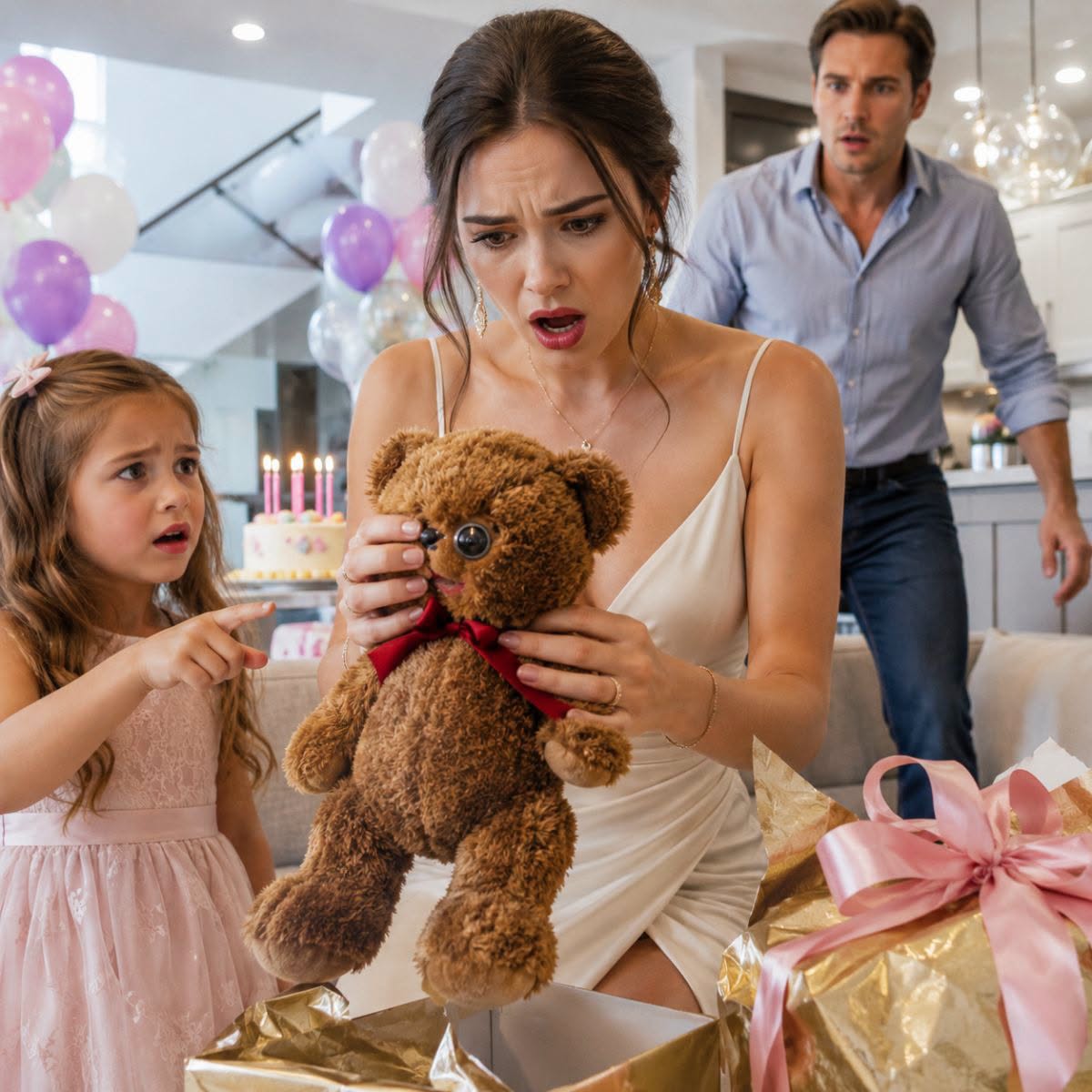 Mis suegros le enviaron a mi hija de 6 años un osito de peluche por su cumpleaños. Ella lo abrazó, sonrió… y de pronto susurró: “Mami, ¿qué es esto?”. Cuando miré el ojo del oso, se me heló la sangre. Tres días después, la policía llamó a su puerta.