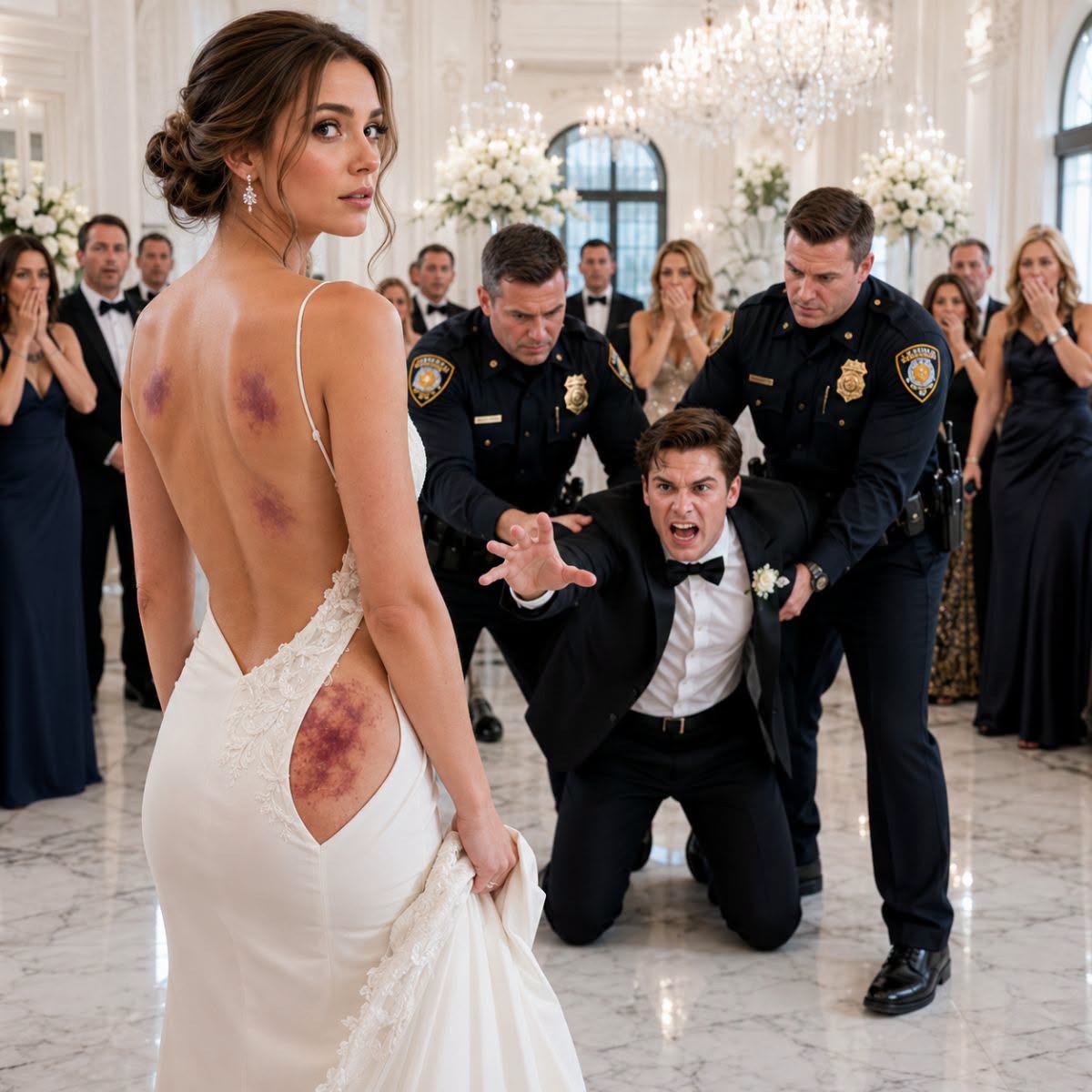 En el altar de nuestra boda, mi novio me apretó la mano y susurró con una sonrisa: “A partir de hoy, me perteneces. Aprende tu lugar.” Yo sonreí y respondí: “¿Querías una esposa? Entonces conoce a tu testigo.” Frente a cientos de invitados paralizados, solté el broche de mi vestido de novia… y todos vieron los moretones que él me había dejado.