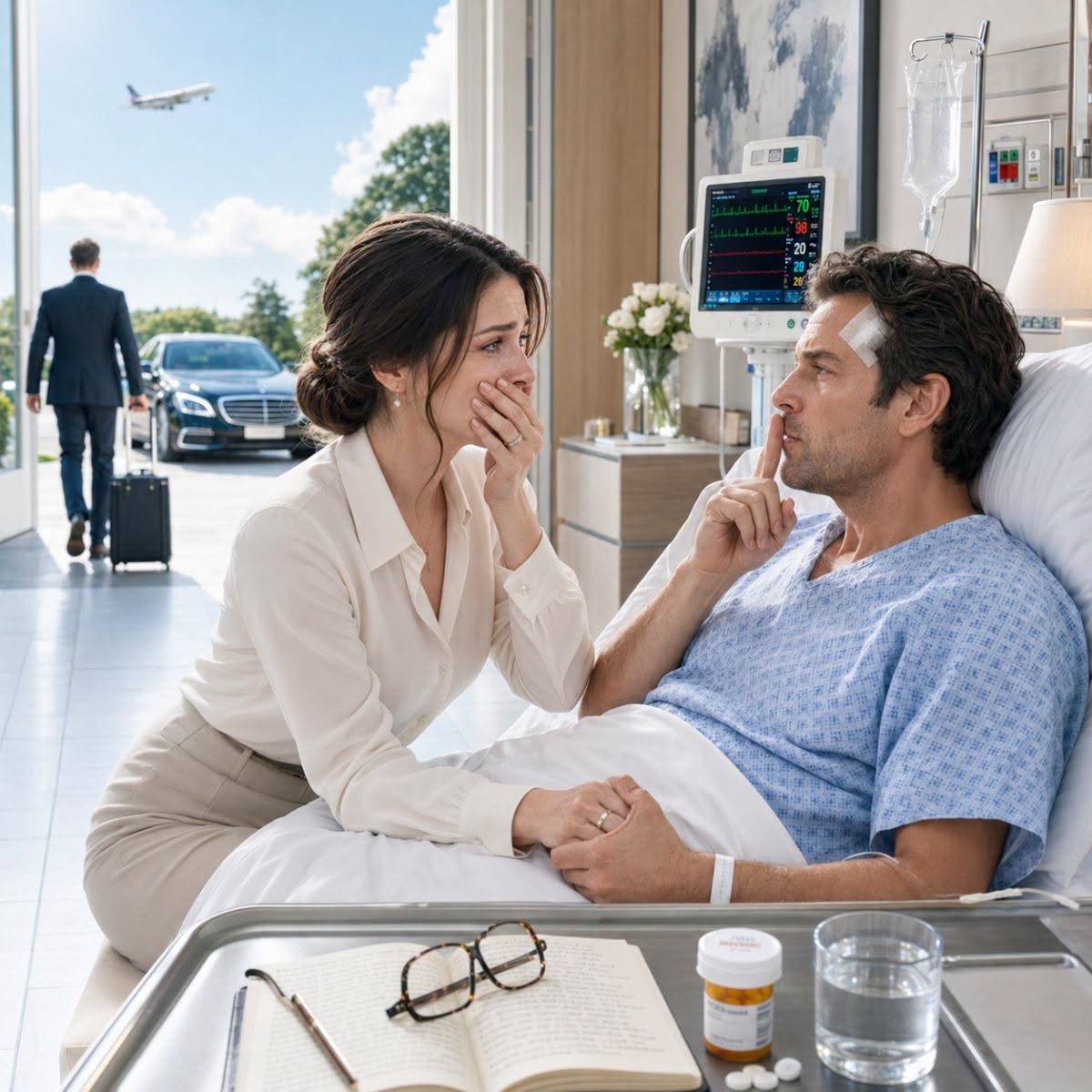 Mis suegros abordaron un vuelo internacional y me dejaron sola cuidando a mi esposo, que seguía inconsciente. Antes de irse, mi suegra me advirtió: “Si algo le pasa, tú serás la responsable.” Pero esa misma noche, él abrió los ojos, señaló la libreta médica y susurró la verdad que revelaba por qué todos necesitaban mantenerlo sedado.