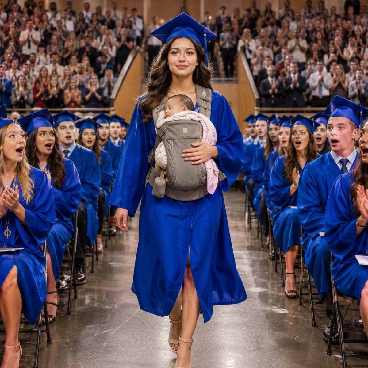 Empezaron a reírse en cuanto mi hija subió al escenario de graduación con una recién nacida en brazos. Incluso alguien sentado detrás de mí murmuró: “Igualita a su madre…” Pero lo que ella dijo después dejó a todo el auditorio sin aire.