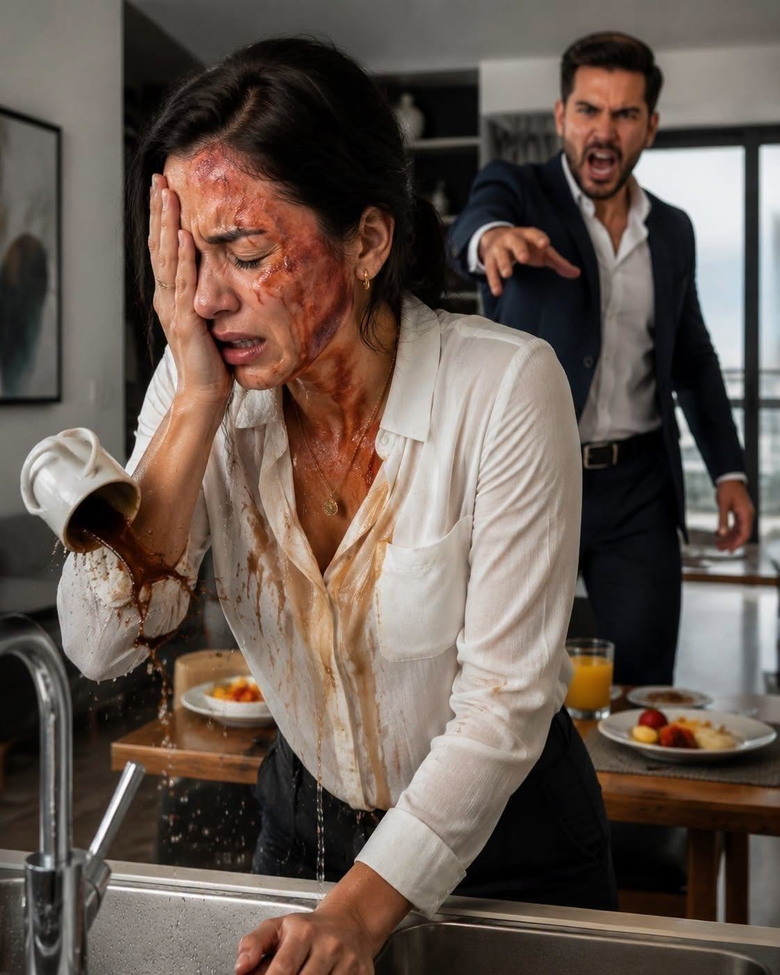 Durante el desayuno, mi esposo me arrojó café hirviendo al rostro porque me negué a darle mi tarjeta bancaria a su hermana. Me dijo: “O obedeces o te vas”. Fui al hospital, guardé el informe médico y, al regresar, dejé mi anillo de bodas sobre la mesa… sin imaginar lo que él encontraría después. ka5a