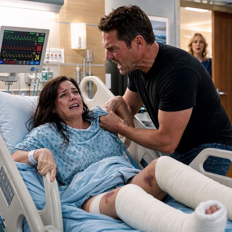 Después de un terrible accidente, desperté en el hospital con las dos piernas rotas. Mi esposo entró furioso, me agarró del brazo y gritó: “Sal de esa cama. No voy a gastar ni un peso más en ti.” Cuando me negué, me golpeó en el vientre… sin saber que la puerta acababa de abrirse.