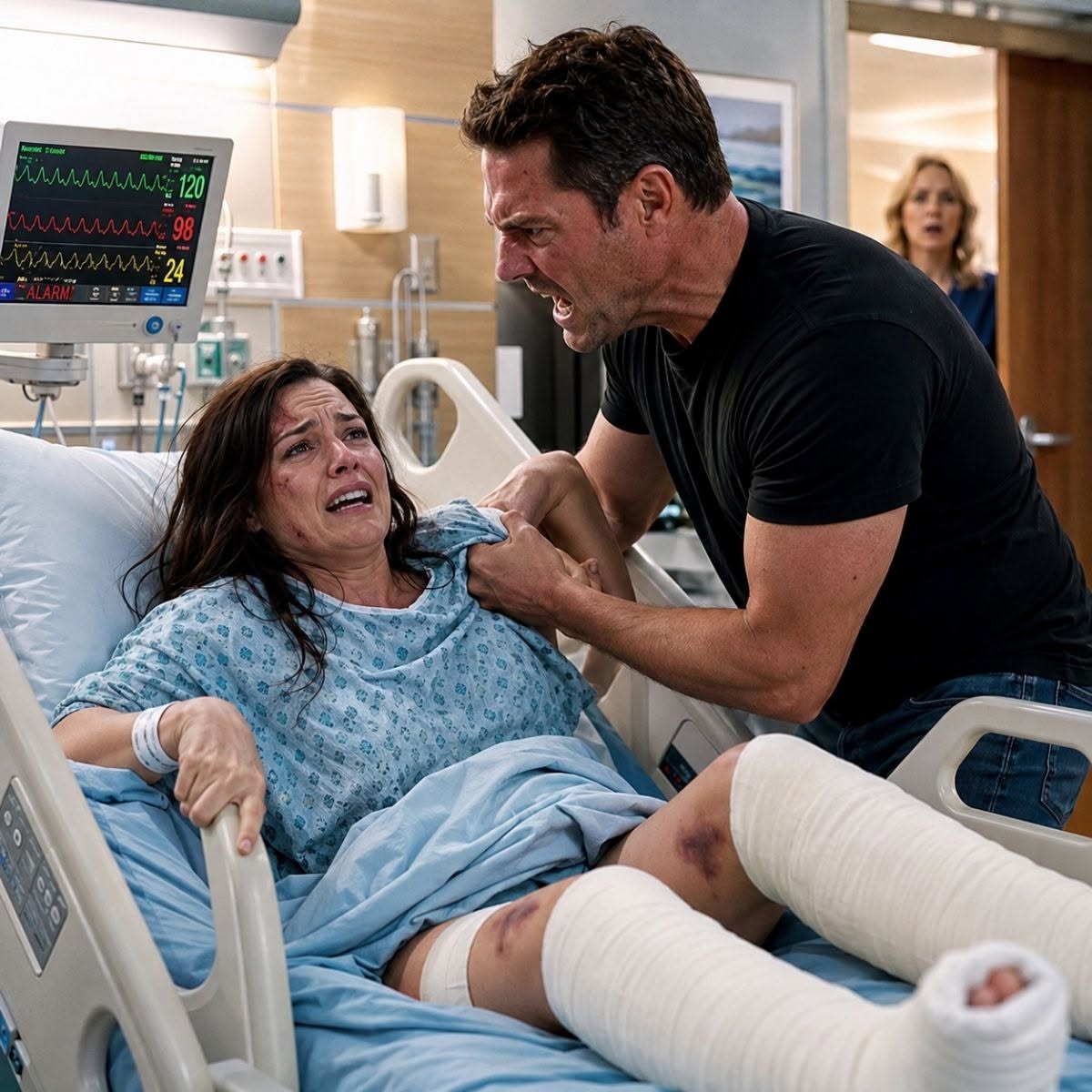 Después de un terrible accidente, desperté en el hospital con las dos piernas rotas. Mi esposo entró furioso, me agarró del brazo y gritó: “Sal de esa cama. No voy a gastar ni un peso más en ti.” Cuando me negué, me golpeó en el vientre… sin saber que la puerta acababa de abrirse.