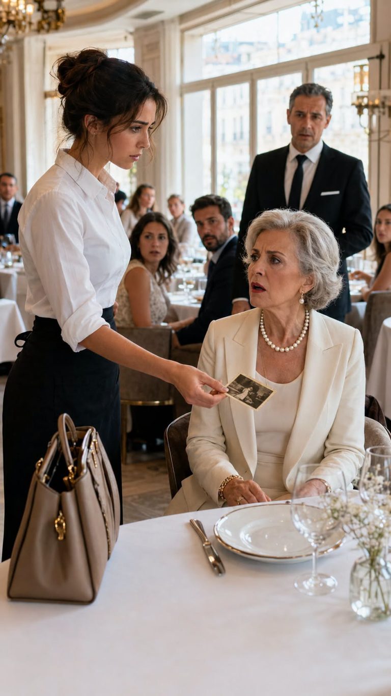 Servía una mesa en Madrid cuando la madre del multimillonario empezó a humillarme delante de todo el restaurante mientras mi padre olvidaba mi nombre en una residencia. “Si no sabes servir una mesa, busca un trabajo a tu altura.” No lloré ni discutí: recogí la fotografía que cayó de su bolso y la dejé frente a ella. Entonces vi lo que alguien había escrito detrás.