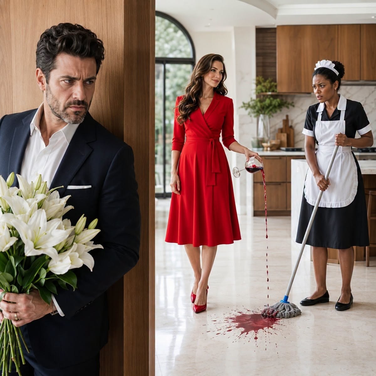 A 3 semanas de casarse, volvió temprano a casa con flores para sorprender a su prometida. Pero antes de entrar en la cocina la vio derramar vino a propósito sobre el suelo que la empleada acababa de limpiar. “Límpialo otra vez”, ordenó ella. Él retrocedió sin hacer ruido y ocultó que lo había visto. Lo que descubrió durante los días siguientes fue mucho peor.