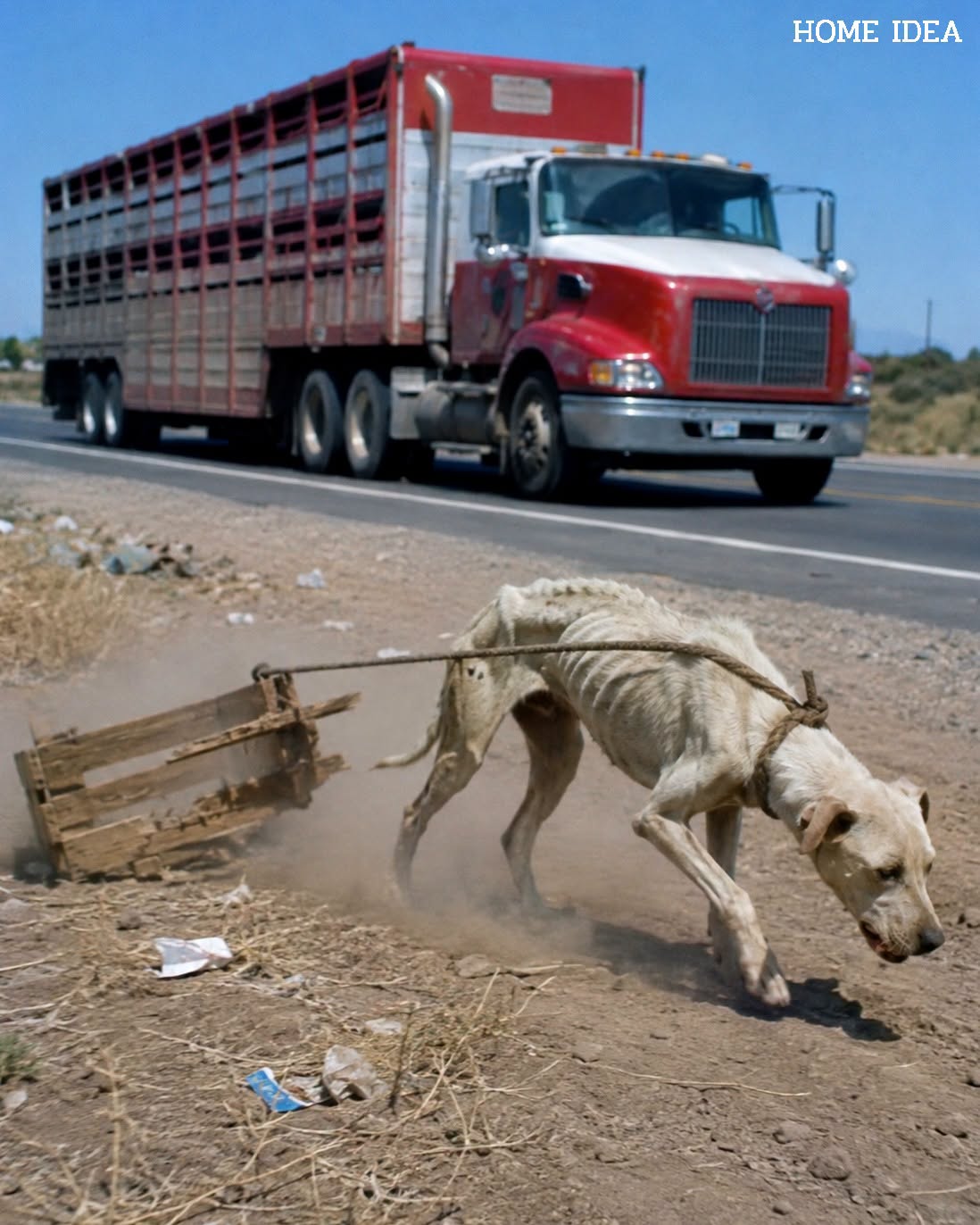 Un conductor de camión golpeó los frenos cuando vio a un perro arrastrando una caja