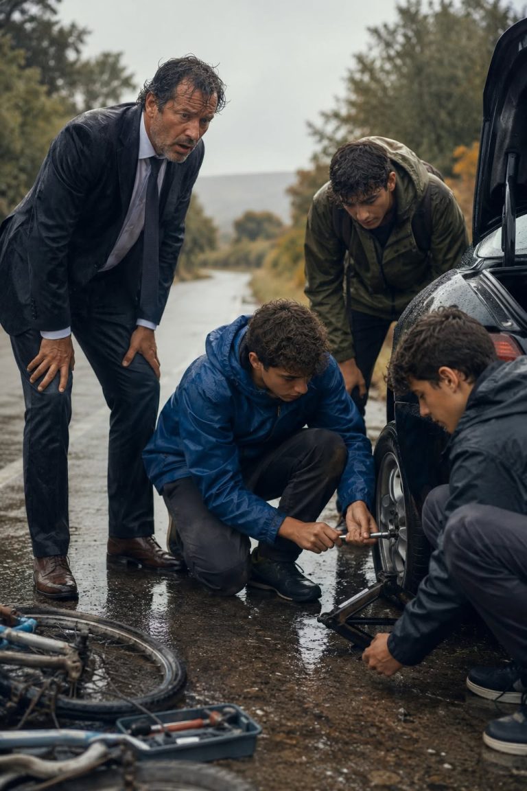 Un multimillonario quedó varado bajo la lluvia, pero tres adolescentes cambiaron algo mucho más importante que su rueda