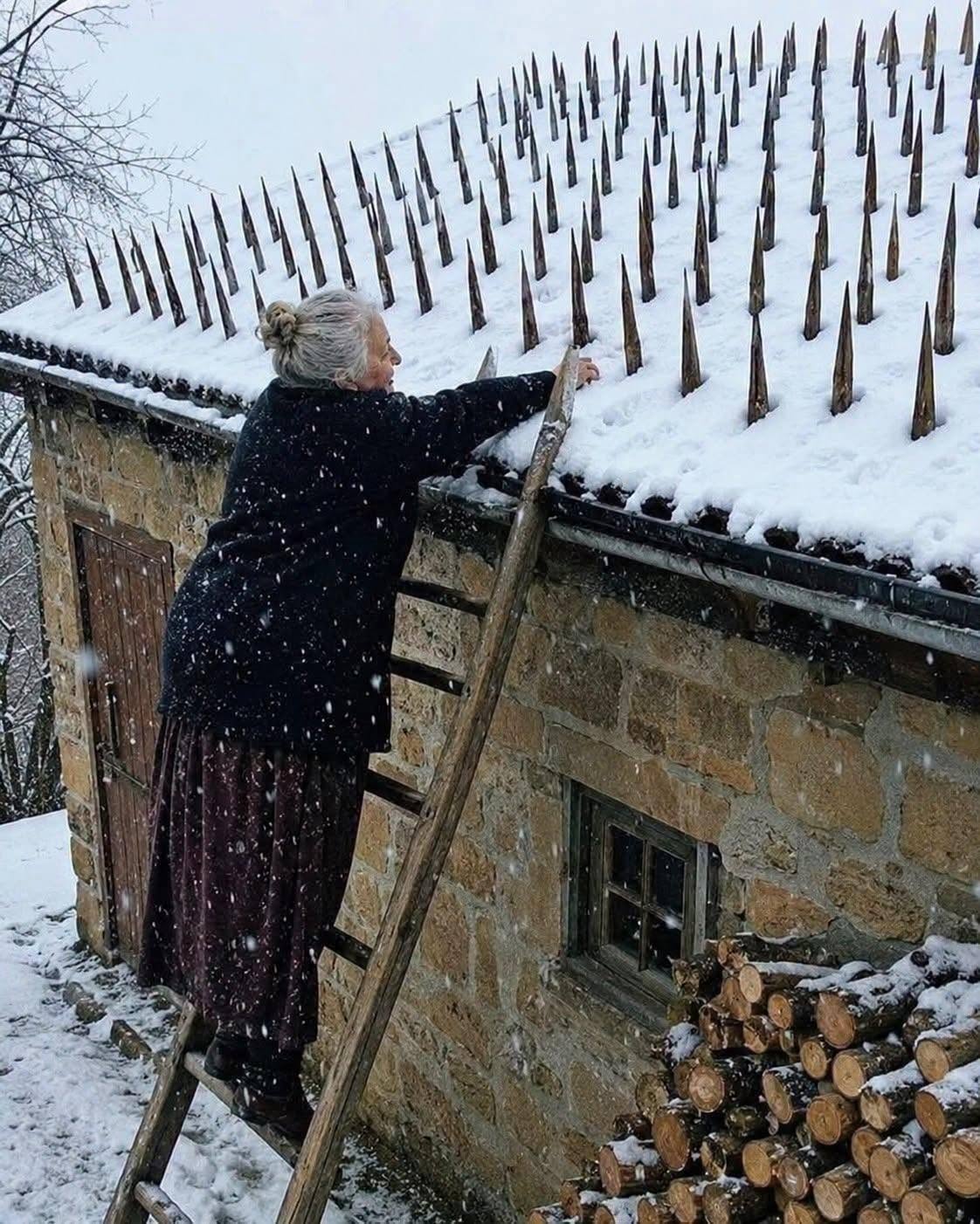 Una anciana pasó todo el verano y el otoño arreglando enchufes de madera afiladas en su techo. Los vecinos estaban convencidos de que había perdido la cordura… hasta que finalmente llegó el invierno.