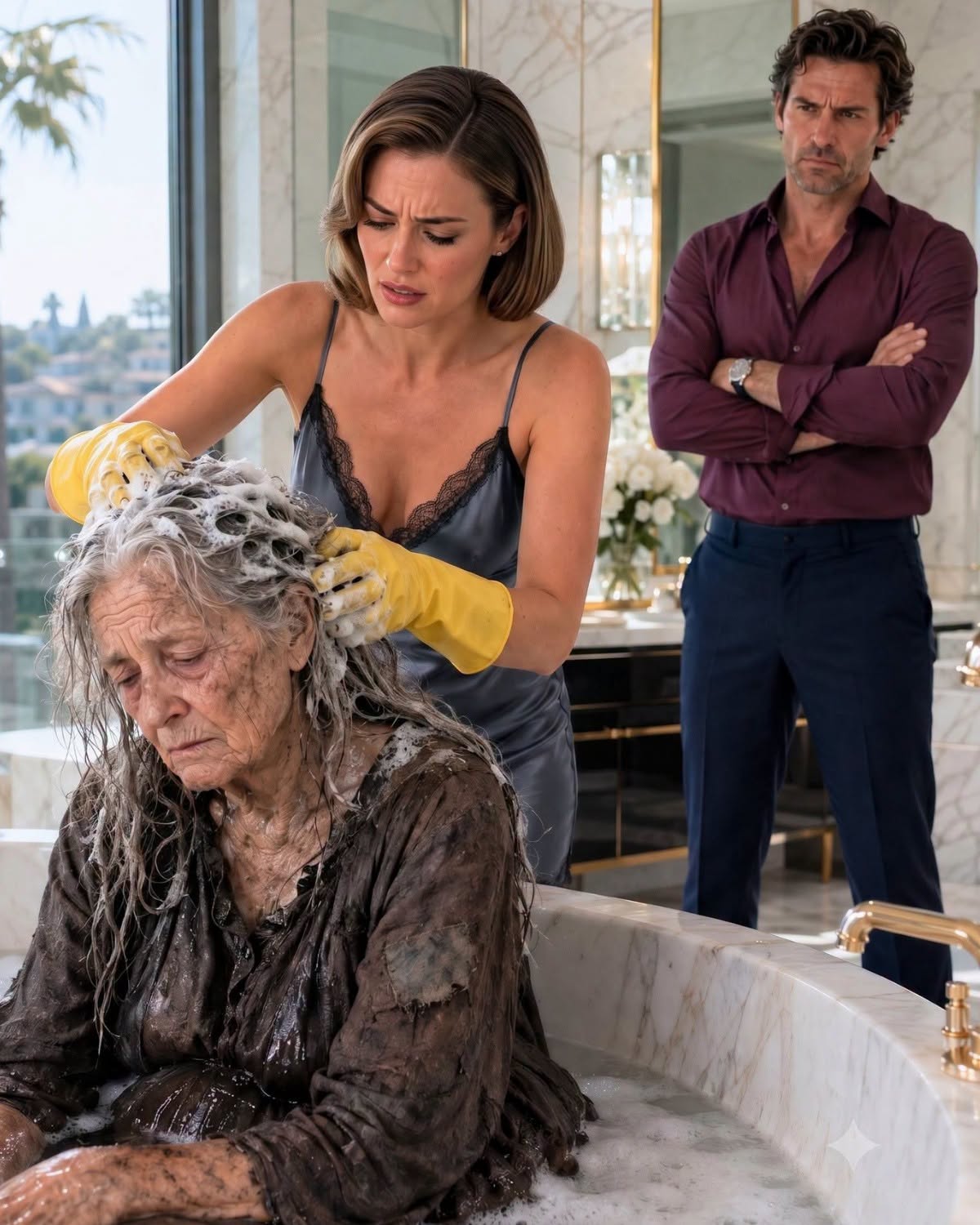 Mi esposo millonario llevó a una anciana sin hogar a nuestra casa y me ordenó: «Tú la bañas. No quiero que lo haga el personal».